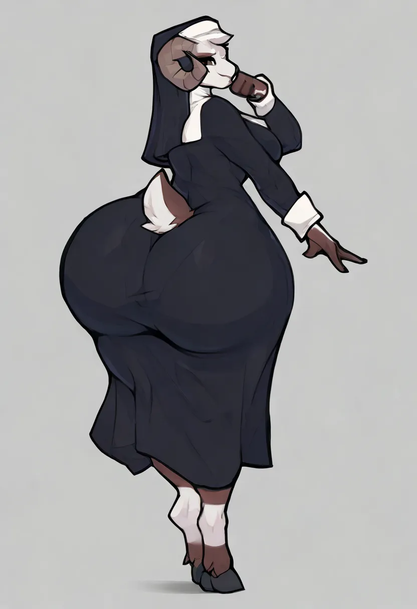  Anthro Goat female, ((Best Character Design )) , nun dress , ( Simple background, )  , pose , huge ass , wide hips 