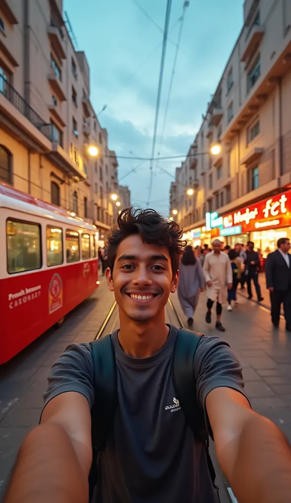 Ultra-photorealistic 8K first-person perspective selfie of moroccan adolescent male  in 2025 , in the vibrant streets of Casablanca during Ramadan 2025. The foreground is the hands and the face of the morrocan adolescent smiling .

The background is full o...