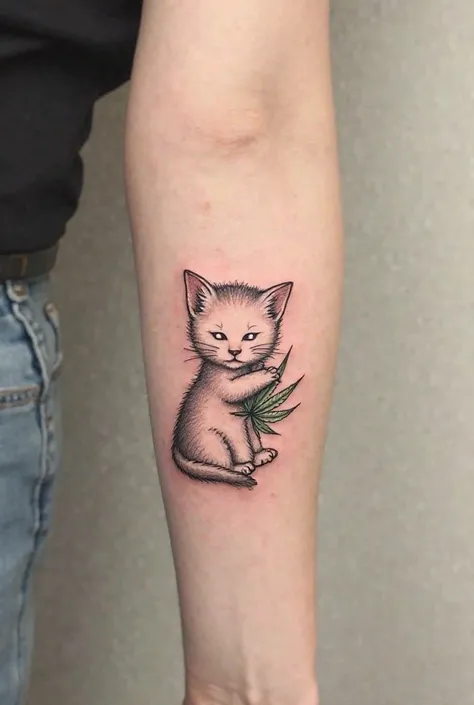 Create a small tattoo on the arm. fine lineart . It's supposed to be a little kitten with a marijuana leaf