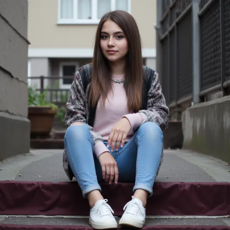 woman sitting on the stairs. Has a pink sweater on.a pair of jeans and sneakers ,  style photorealistic , ,  sharp focus, Background apartment blocks , daylight,  full body