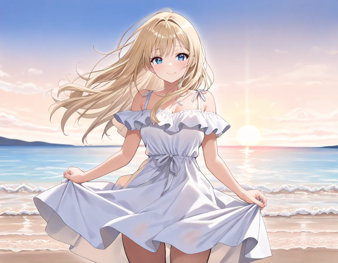 ((((masterpiece)))), ((((best quality)))), Hi-Res,fine grain,detailed face, 「standing beside the ocean、beautiful blonde woman in a flowing white dress。the sea breeze gently lifts her hair、The sun's light is reflected in the waves、creates a peaceful, dreamy...