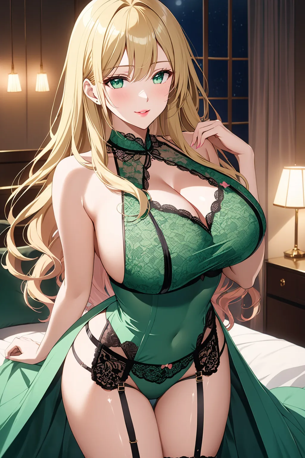 score_9, score_8_up, score_7_up, masterpiece, beautiful girl,blonde hair,long hair, beautiful mint green eyes,fair skin,Shiny skin,pink lips,green lace top,simple background,vivid colors,  soft lighting,night room ,slight smile,looking at viewer, (huge bre...