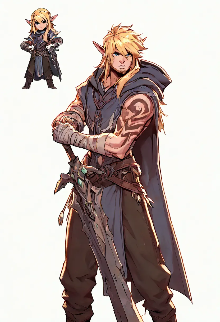  Human Male,Elf ears ,   ((Best Character Design )),Robes  ,  tribal tattoos ,Simple background, hooded cloak  , long Blonde hair ,  Beard ,  Bandage hands ,solo ,pose ,Pants ,cool Curved Sword , 