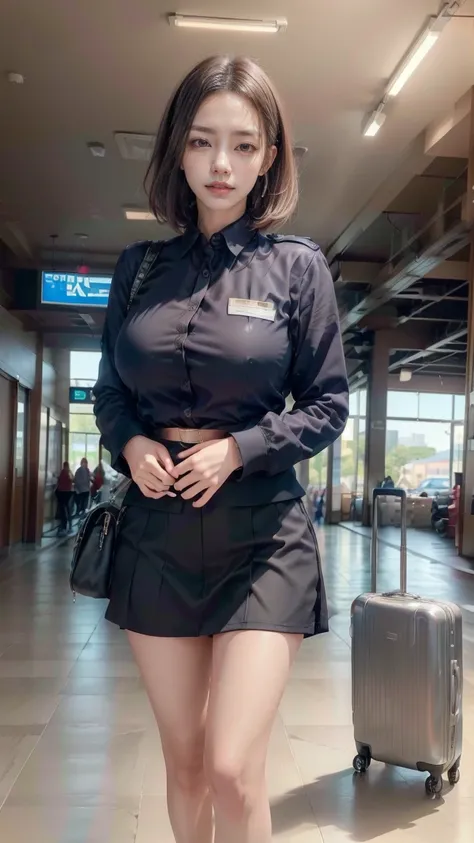 A beautiful, 24-year-old Japanese woman with perfect anatomy, healthy thighs, beautiful legs, beautiful skin, random hair color and style, large breasts, (wearing a flight attendant uniform with a mini-skirt:1.3), (she is standing:1.2), full body shot, pum...