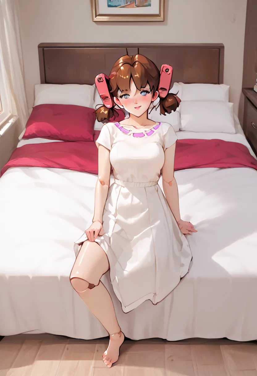  A girl is in the bedroom, joint seam, height 160 cm mechanical lady, skin pigment , she gets ecstasy, very short pigtails, brown hair, Hair tie with two red big red clothespins, mature, android, blue eyes, full body figure, flushed cheeks, 2020s anime pic...