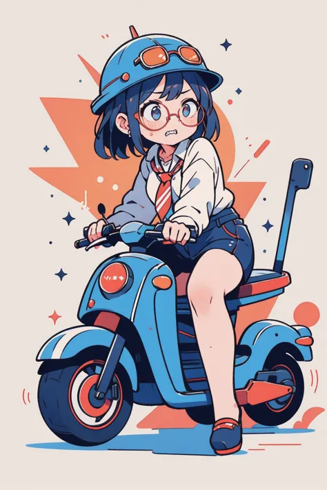 perfect anatomy, best quality, bad girl riding a scooter,  helmet, Bad Look，Glasses，sharp teeth, clenched teeth, closed mouth, gritted teeth,