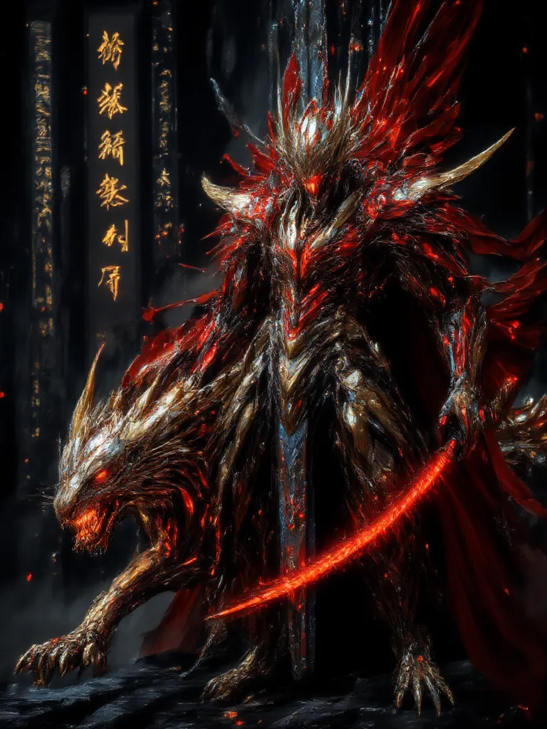 "A fearsome Chinese war god, standing atop a floating fortress in the sky, his red and gold cybernetic armor reflecting the burning neon lights of a futuristic battlefield. His mechanical tiger companion prowls beside him, its eyes scanning for enemies wit...