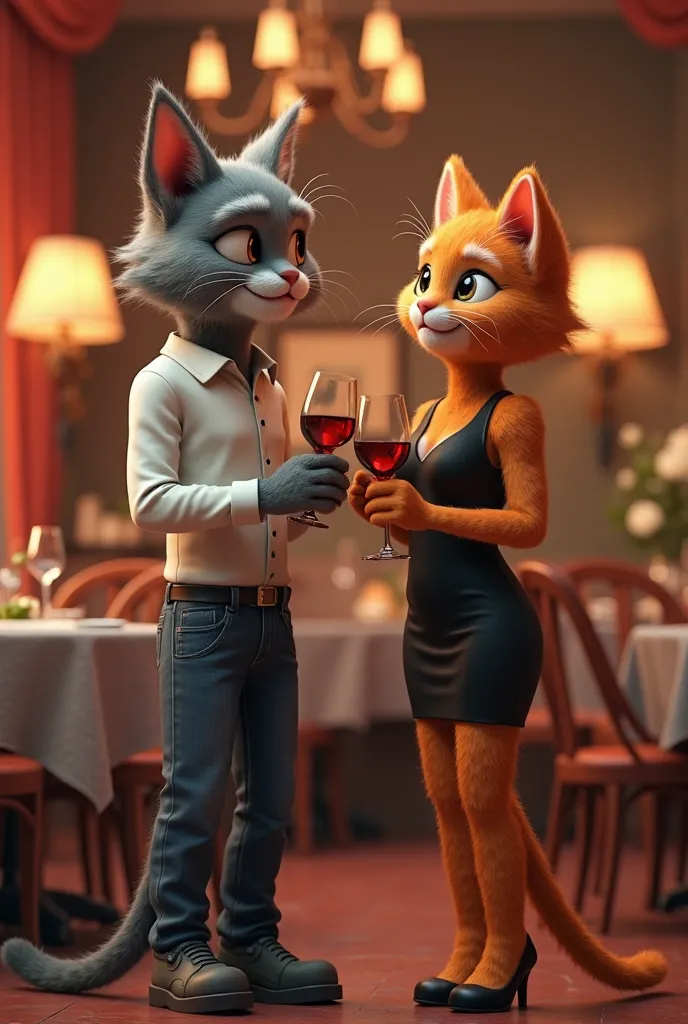 a tall adult gray human cat dressed in a white dress shirt and jeans, Having a romantic dinner with his wife adult orange human cat dressed in a tight black dress and high heels, happy, in an elegant 3D restaurant