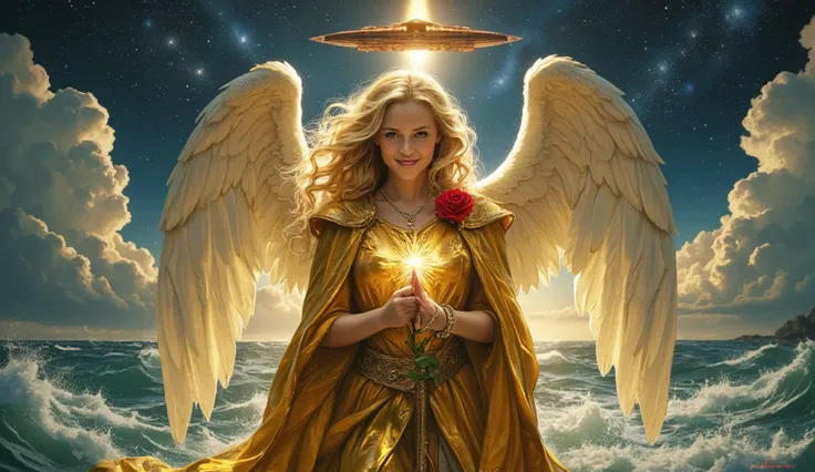 create an image of a smiling priestess , angel style with wings, with golden cloak, With big, curled blond hair, with a big red rose in her hair coming out of the sea with a spaceship above illuminating her 