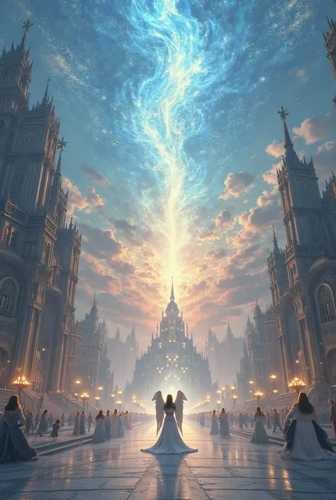 Generate the image of paradise with the holy city New Jerusalem temples holy people walking on the streets of paradise with lights rising from the sky and spiral-shaped clouds blinding blue white lights