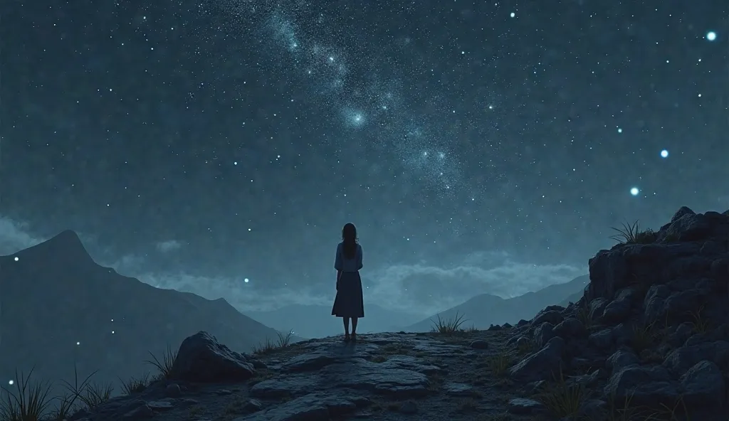 Realistic night image showing Lilith looking at a sky full of unknown stars. She is standing on a rocky hill, with a look of determination and solitude, embracing her unknown future