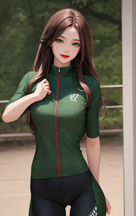 woman , long hair brown, normal, dark, she is solo, from alternative world ,best quality, realistic, cycling (full dark green color) suit and cycling sports black shorts, she is stand , smile, red lipstick , 