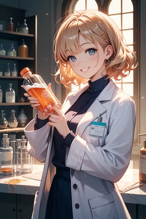 Smiling girl wearing a white coat and holding medicine in cartoon style