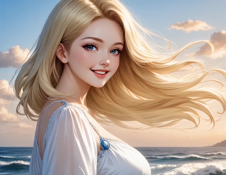 ((((masterpiece)))), ((((best quality)))), Hi-Res,fine grain,detailed face, 「standing beside the ocean、beautiful blonde woman in a flowing white dress。the sea breeze gently lifts her hair、The sun's light is reflected in the waves、creates a peaceful, dreamy...