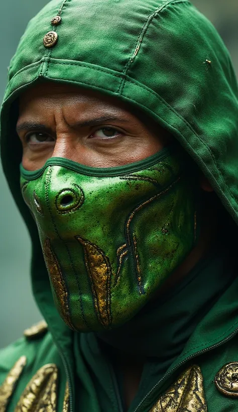 Here is a detailed prompt to generate an image ** super realistic** of Tom Hardy as **Reptile**, focused **only on the face**, with a green outfit and a shiny metallic green mask partially covering the face, and a striking background: --- **"Close-up hiper...