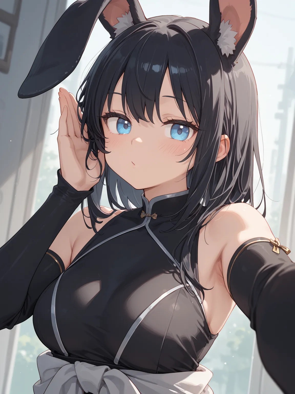 extra long sideburns,long straigh hair,long sideburns hair,Beautiful black hair,Silkyhair,light blue eyes,gets her ears licked after being closely followed by a slender, beautiful girl with black hair,Shinobi costume,,