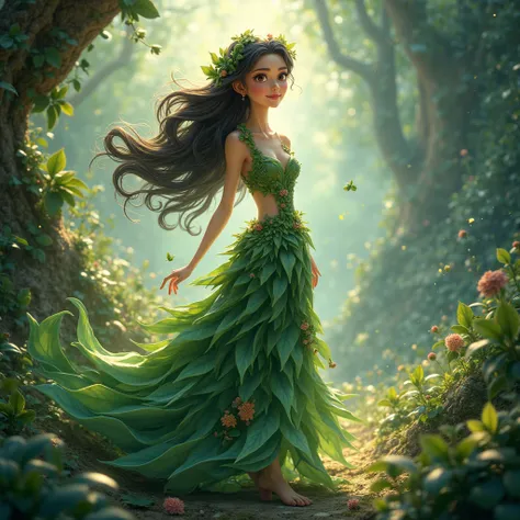 Disney animation style cartoon image/Pixar with High Resolution, Of a woman dressed in a green leaf