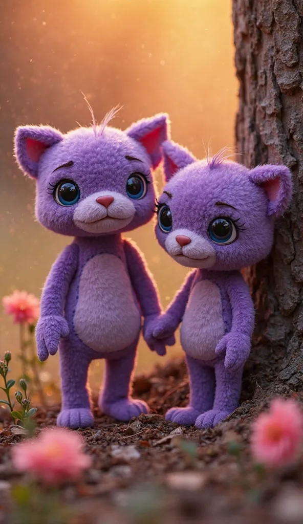 A picture of two purple dolls. The first is arrogant and complaining and the second one looks good and cooperative. You will close a tree with Saqoub behind us. I want a reddish gold background and two flowers to warm the background