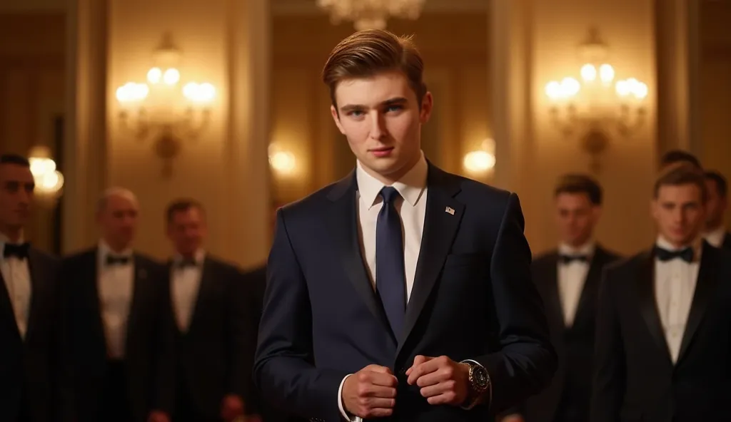 A dramatic and intense moment at a formal gala event in a grand hall with golden chandeliers. Barron Trump, dressed in a sharp navy-blue suit, stands alone in the foreground with a tense and protective stance. His eyes are locked onto something off-frame, ...