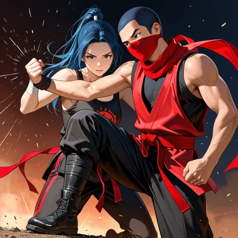 A male ninja, with short hair above the ear and wearing red ninja-style clothing,With a ninja in red ninja style clothing,tank top with black pants, With long hair tie your feet, no bangs, wearing a black contoured boot, EM PE ,and sideways to you holding ...