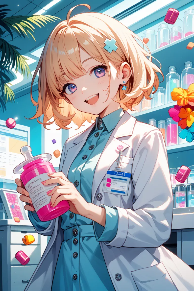 Smiling girl wearing a white coat and holding pills in cartoon style