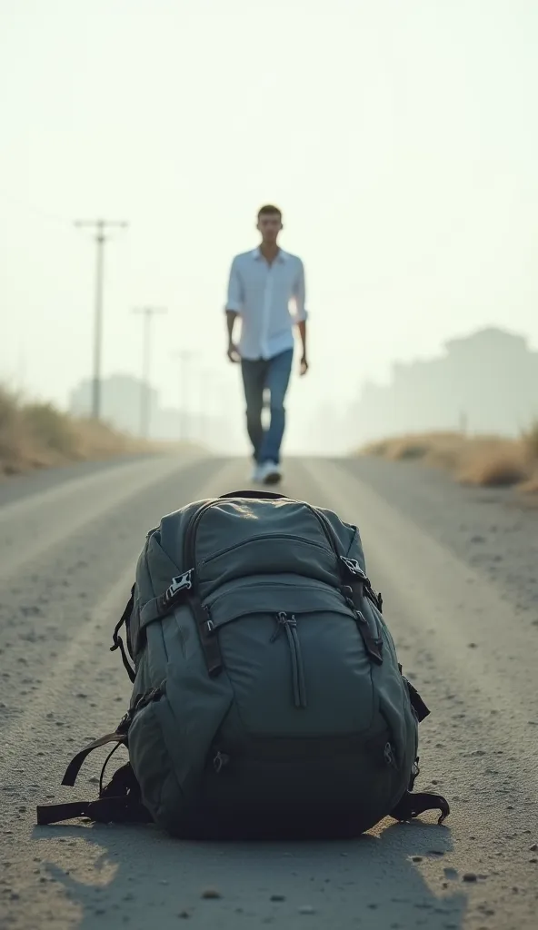 A large and heavy backpack lying on the floor of a dusty road, illuminated by a faint light. In the background, you see a young man wearing a white shirt and jeans, walking with a brisk pace and expression of relief, moving away to the horizon. the landsca...