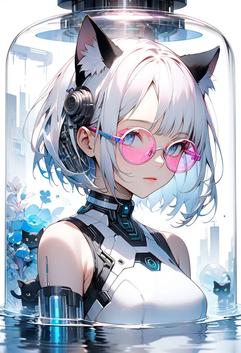 Imaginative、 complex illustration in cyberpunk surreal art style emerging from a large transparent culture tank , A translucent white bust of short hair and (Black cat ears)  Ether Machine Girl Coming Out of a Clear Large Culture Tank, She is wearing beaut...