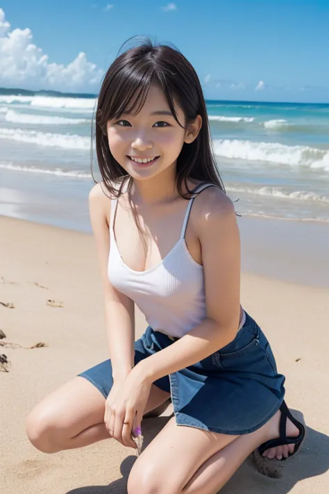 ((smile))、((thin thighs))、Playing on the beach of the ocean、(transcendental short skirt)、(Cute sandals)、6th year elementary school student