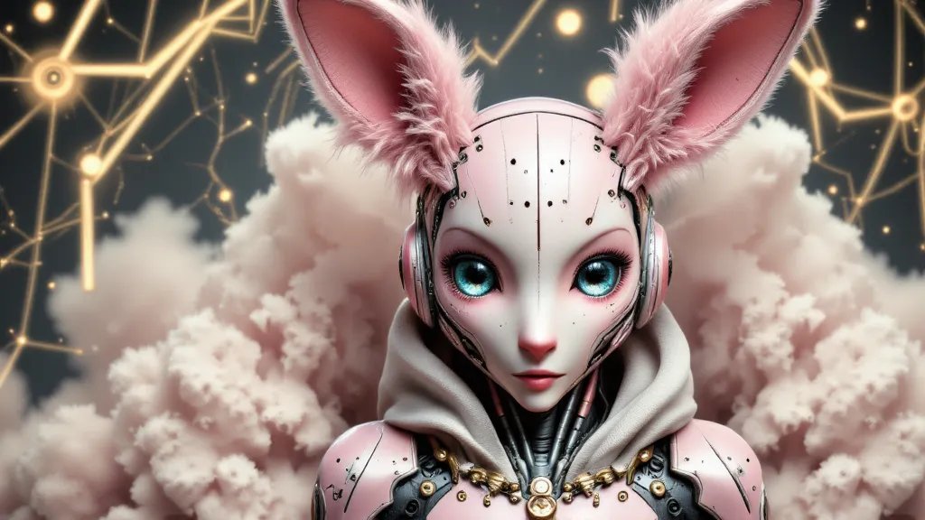 Background illustration of a cute robot girl LITTLE BUNNY pink and black and gold graphic display depicting cloud computing technology with gold and marble details