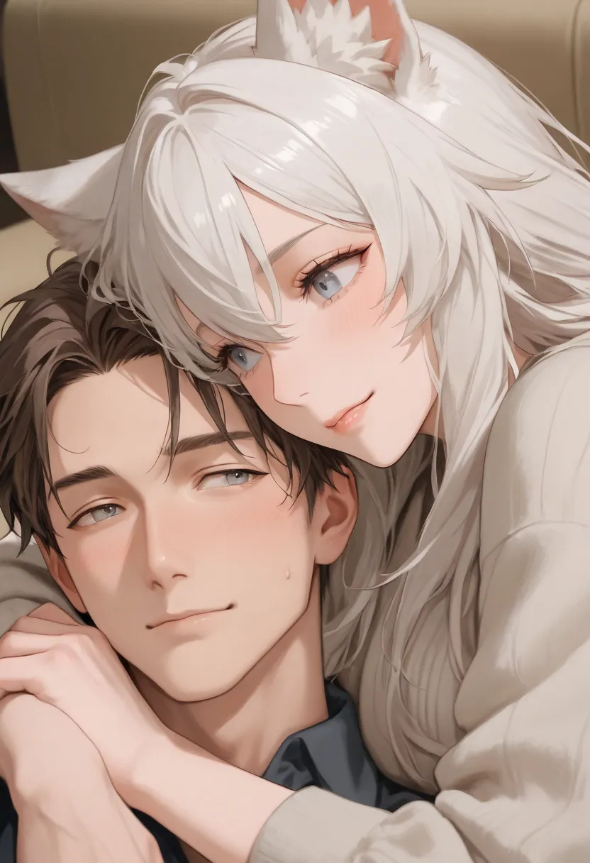  boy and 1 mature foxgirl cuddle on a sofa, they are clearly in love with eachother, she has long white hair and blue eyes, he has short dark brown hair and grey eyes