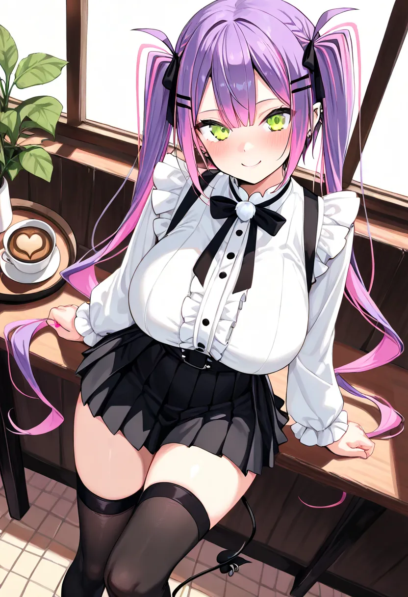 (Best Quality , 8k , masterpiece , incredibly absurdres , perfect body , super detailed skin , highly detailed eyes and face , 1 woman ) , tokoyami towa , purple Hair , Green eyes , smile ,  will be happy , ( white ruffle long sleeve blouse , sleeveless, B...