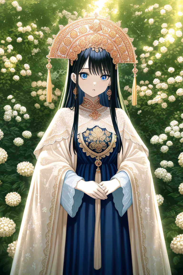 A beautiful anime girl with beautiful, soft, long black hair, beautiful blue eyes, white skin, pink lips, wearing a traditional imperial costume, talking while angry, standing in a garden