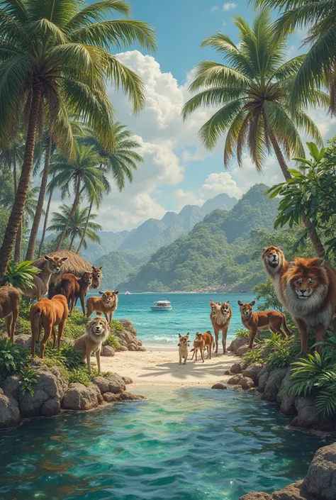 Create an image of the New World, Paradise, beauty And no one is at war with anyone. s play with animals, and there are palm trees and beauty all around. ultrarealism. photo quality.  Lots of Details . The faces of animals are painted very beautifully. 