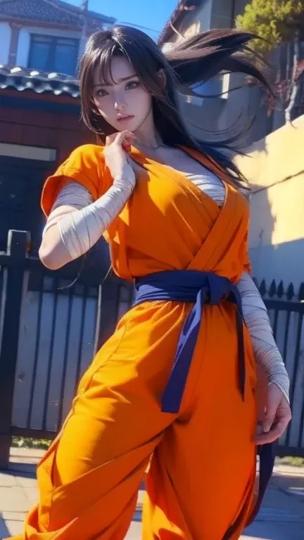  Goku costume、long legs、black hair fluttering in the wind、glamorous、has bandages wrapped around both hands、Take a martial arts stance、Rin々expression、thin waist