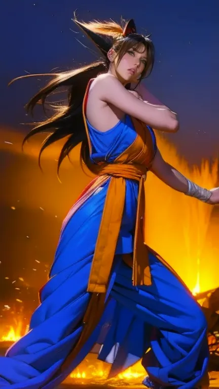  Goku costume、long legs、black hair fluttering in the wind、glamorous、has bandages wrapped around both hands、Take a martial arts stance、Rin々expression、thin waist