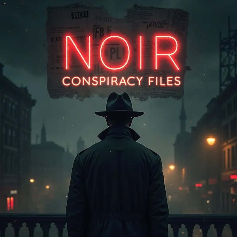 Create a dark, cinematic brand image for a YouTube channel named 'Noir Conspiracy Files.' The theme should blend classic film noir aesthetics with elements of conspiracy and mystery. The background should feature a dimly lit cityscape at night, with shadow...