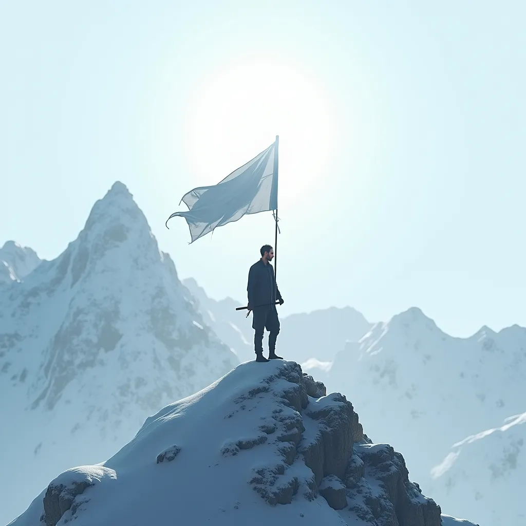 He stands on a mountain and carries a white flag