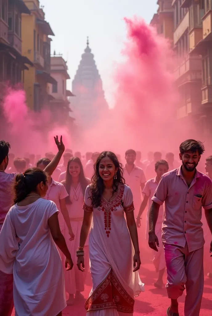 Holi Festival in North India、The colorful powder is flying from all sides, and the screen is full of foggy powder, and I can't see anything、