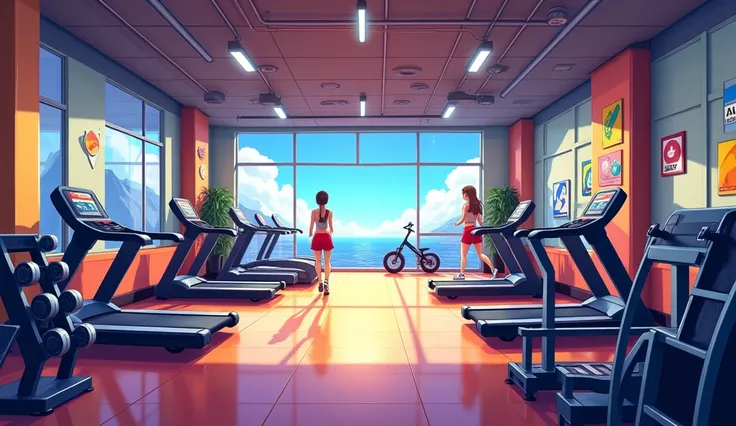 Anime background bright and rich,  gym, many types of training,  treadmills ,  dumbbells , barbell. Windows with bright blue skies, bright sunny day