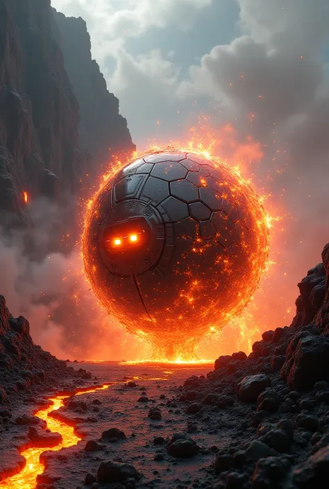 spherical robot with a lava-colored energy shield in a volcanic world