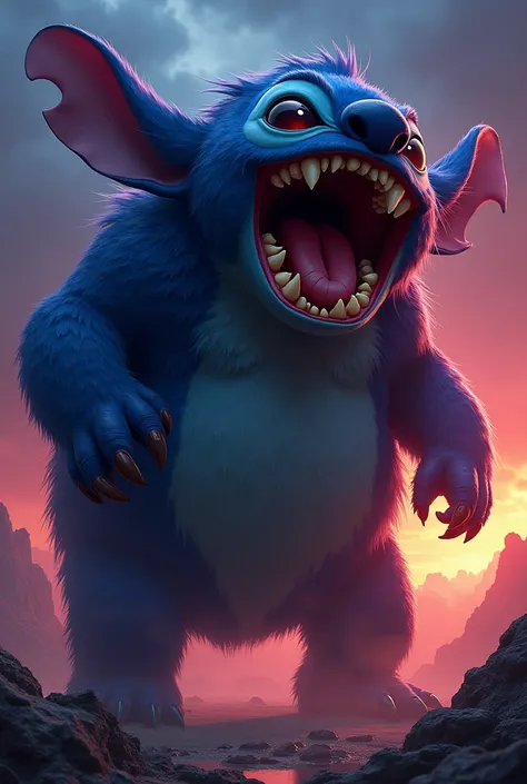 Draw a huge creature similar to Stitch that screams at the top. The background should be a gradient of black and red