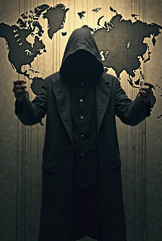 A shadowy figure (representing a puppet master) standing behind a world map, with puppet strings controlling politicians, media, and finance symbols.