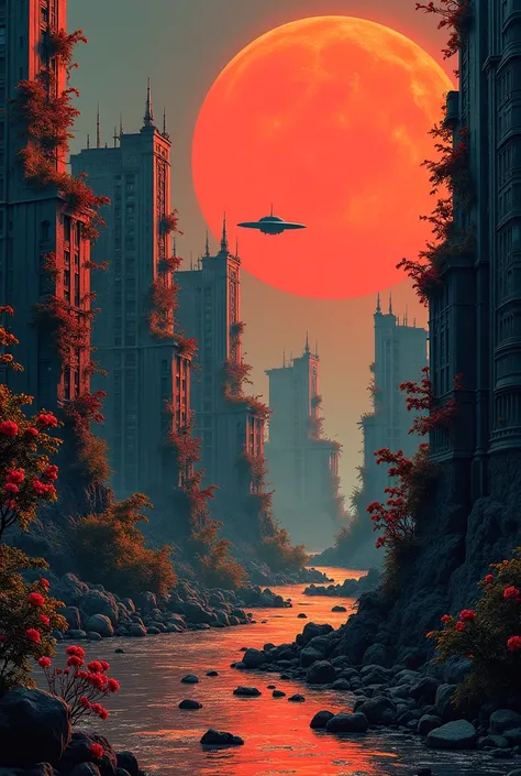 Retro graphics on which the city is located during the revolt and on the buildings you can see climbing roses on the background of the planet Venus and somewhere to see a UFO without people and in dark colors 