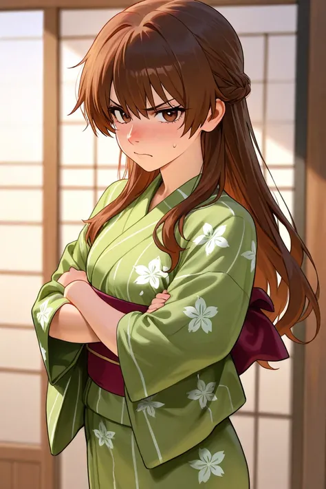 Angry anime woman, very fat, long brown hair, very small brown eyes, very very big nose, very fat, wearing a green Japanese traditional costume