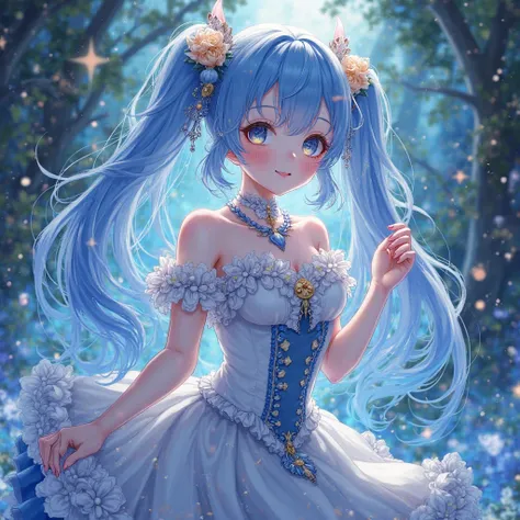 Please create an illustration based on the following characteristics。
・AI anime-style illustration
・Delicately depicted beautiful girl characters
・Design incorporating fantasy elements
・Dress incorporating gorgeous frills
・Brightly colored and gradated hai...