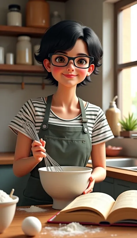 "Create a hyper-realistic image of a young woman named Rina, 25 years old, with short wavy black hair and glasses, wearing a casual outfit—a striped t-shirt and a slightly flour-stained apron. She’s standing in a cozy, slightly cluttered kitchen, holding a...