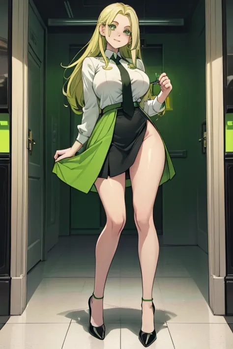 female, long pale blonde hair, green eyes, (((1girl))), (((light green business suit))), (white dress shirt), (black tights), (light green heels), (light green skirt), (black necktie), cute and sexy, full body, huge breasts, long legs, smiling