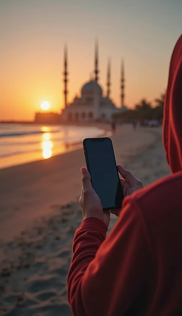 Ultra-photorealistic 8K first-person of watching the sunrise in front of the famous hassan II mosquee , the heart of Casablanca, at sunrise on the first day of Ramadan 2025. The foreground shows the viewer’s hands holding A smartphone notification for Suho...