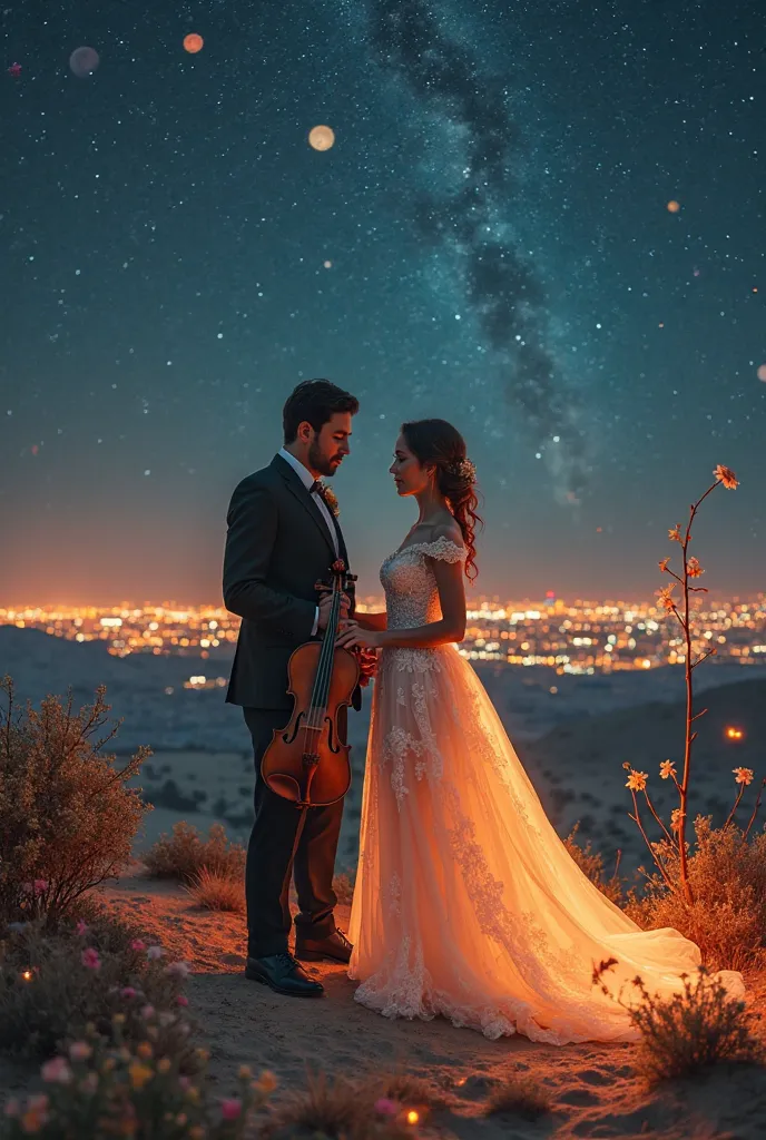 Man and woman in wedding dresses in the night desert. in the background a city. on fire, next to the man and woman a beautiful flower, starry sky , HD, the man and woman is facing, con mascara, in surreal style, dreamlike painting,  best style Delhi, fire,...