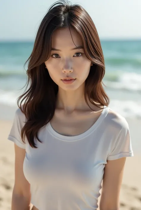 ((masterpiece)), ((Best Quality)), (portrait of a beautiful girl),(Best quality, High resolution, Masterpiece :1.3), A pretty woman, Slender figure, Dark brown hair, T-shirt, (Sandy beach with gentle waves), Highly detailed face and skin texture, Detailed ...